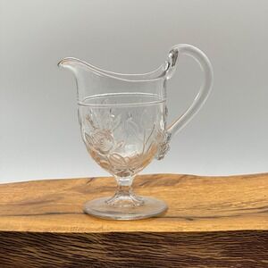 Vintage Clear Pressed Glass Rose Pattern Footed‎ Creamer Pitcher Floral Design
